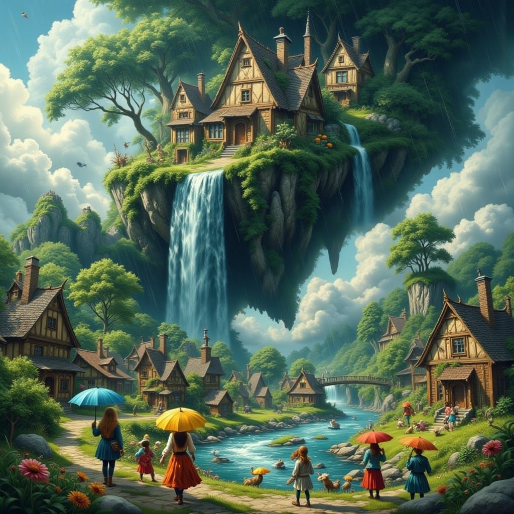 Whimsical Village Inside a Tornado, Digital Art