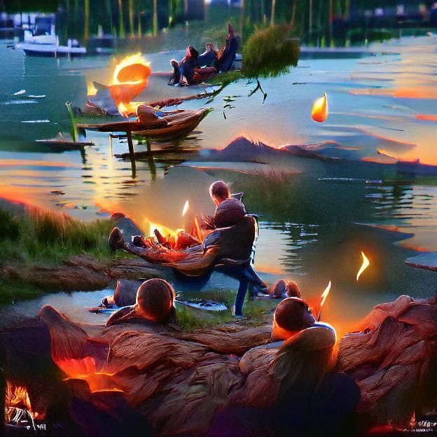 Campfire by Lake at Sunset: Trending Artscape