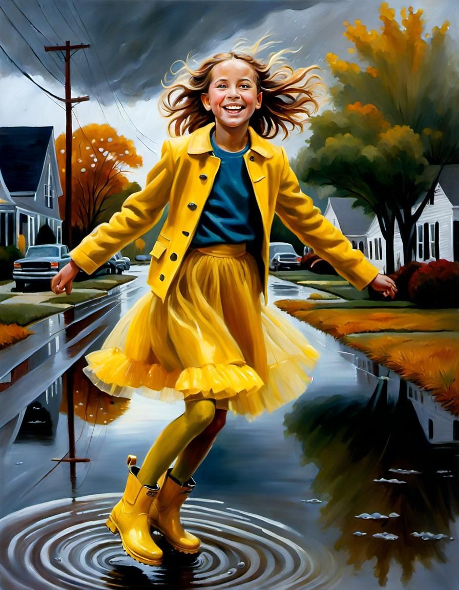 Girl in Yellow Jumping in Puddle, Oil Painting