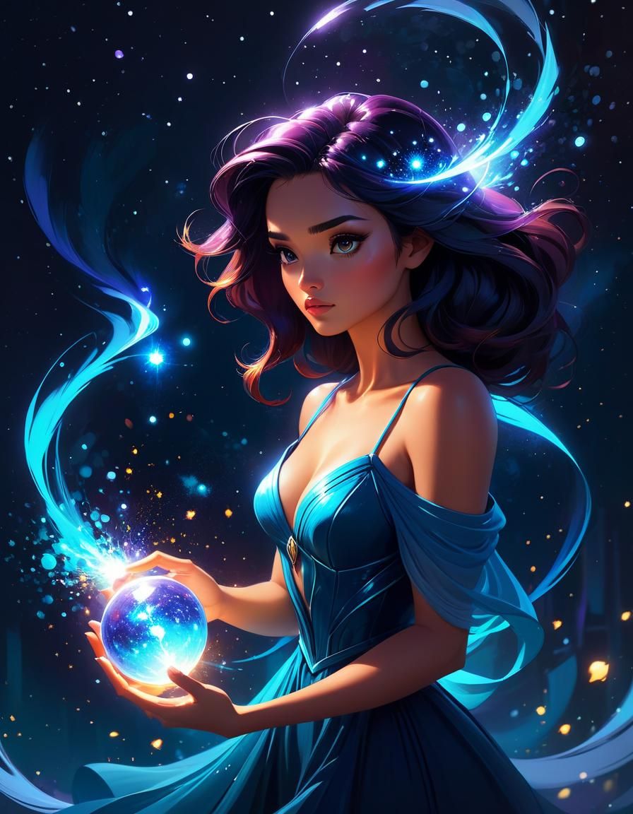 Fantasy Sorceress Casting Magic in Keane Style