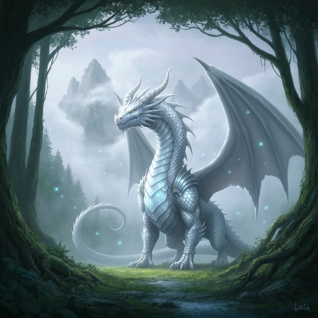 Majestic White Dragon in Mystical Landscape