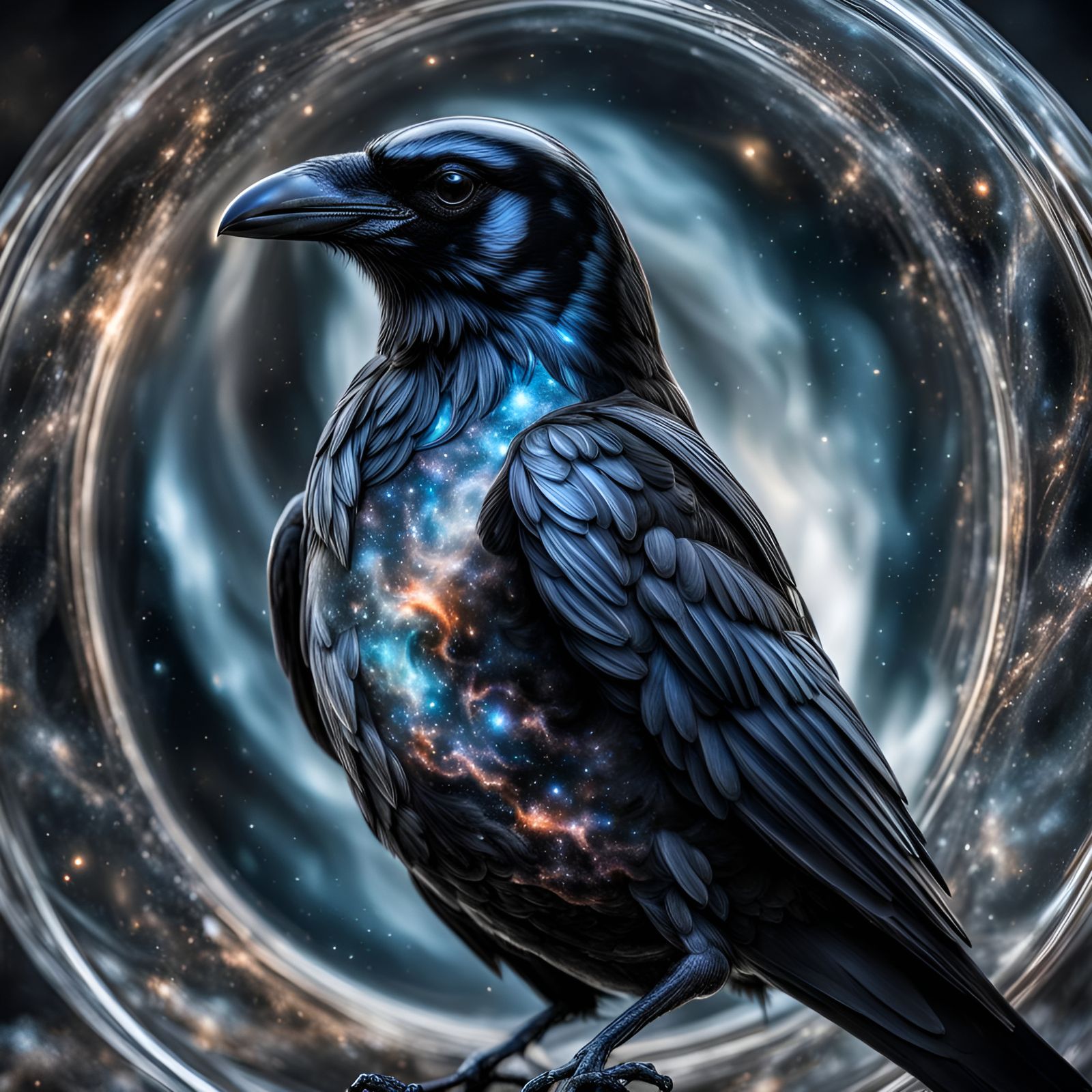 Glass Crow with Galaxy Swirls: Hyperrealistic Image