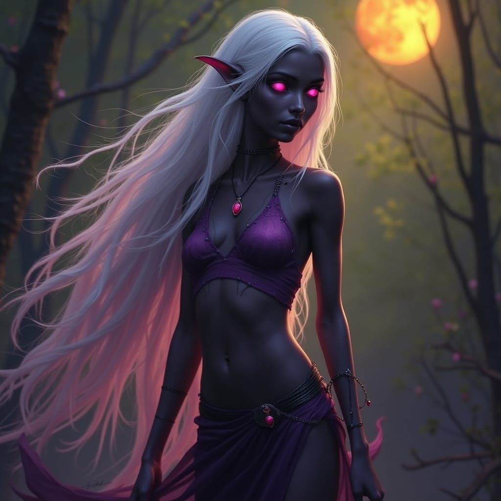 Drow Elf Dances Under Crimson Moon