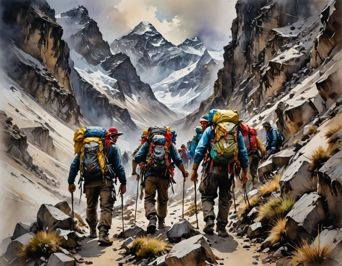 Everest Climbers: Stylized Watercolor Art in Soft Light