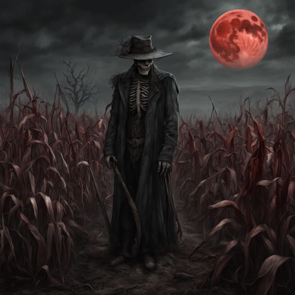 Eerie Scarecrow Under Blood Moon in Surreal Horror Art