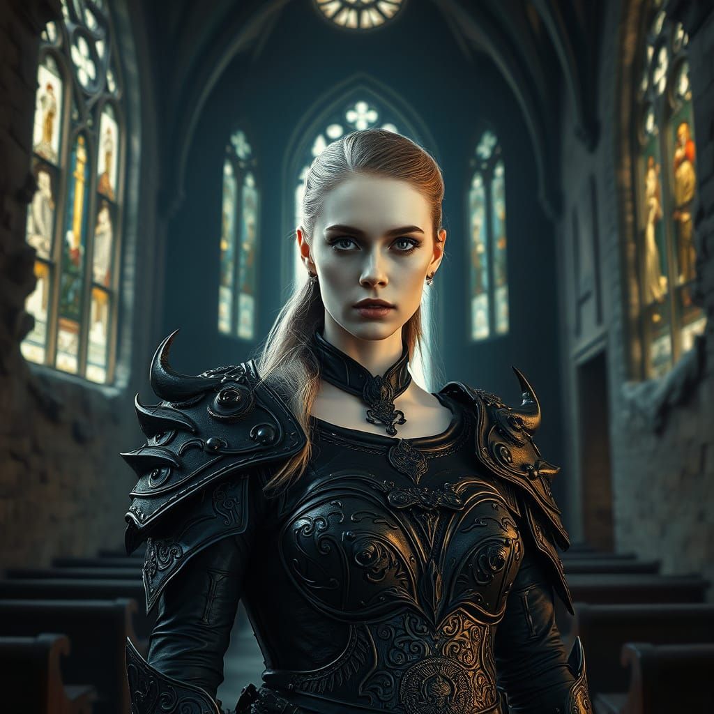 Ethereal Vampire Maiden in Daedric Armor Amidst Gothic Ruins