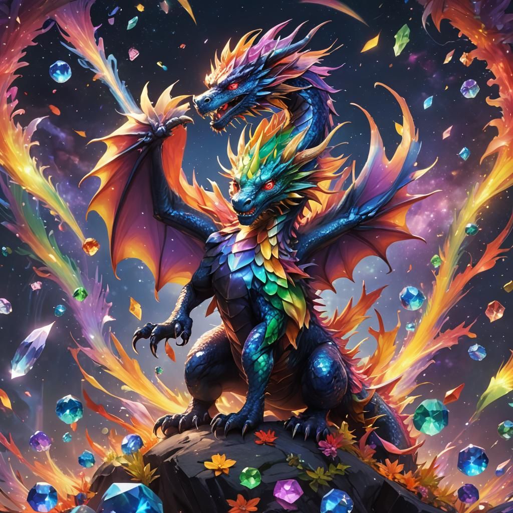 Rainbow Crystal Dragon in Galaxy, 3D Anime Art