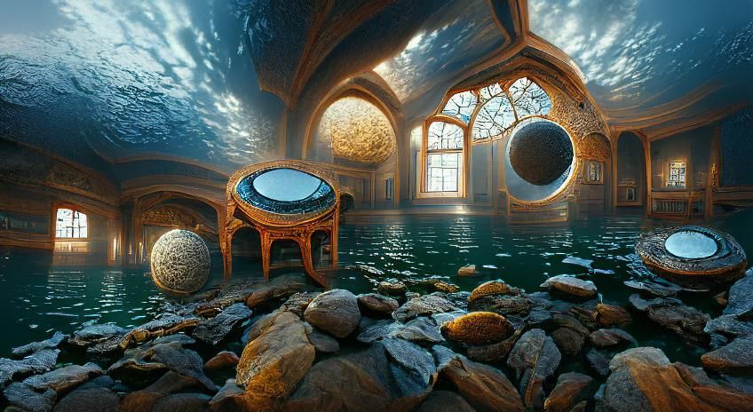 A round room with lots of windows and fractals in the water's surface