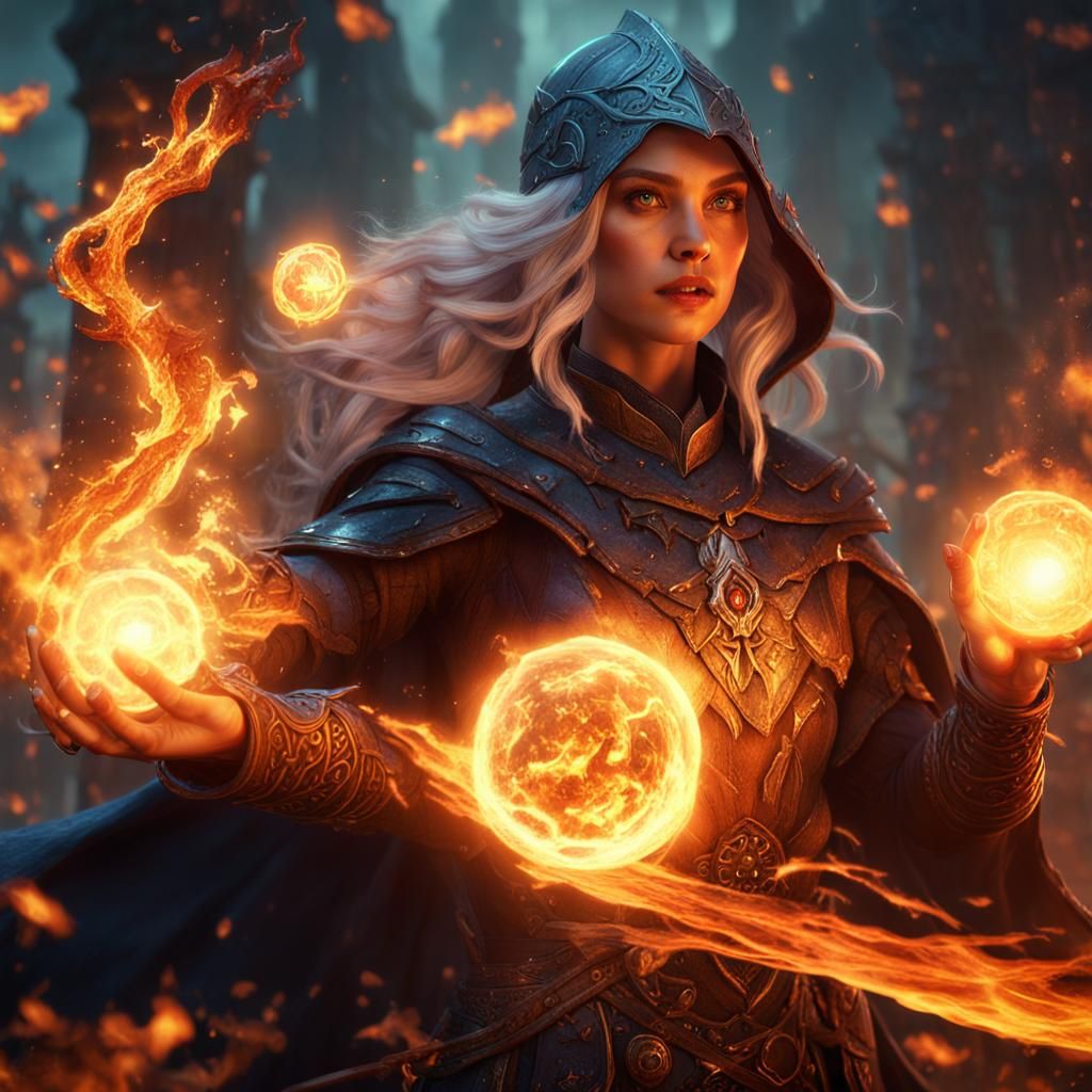Elven Wizard Casts Fireball Spell in High Fantasy