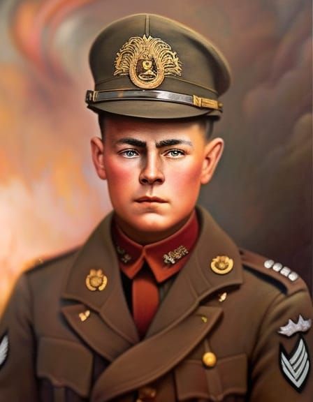 Vintage Portrait of Young Soldier in Watercolour Style