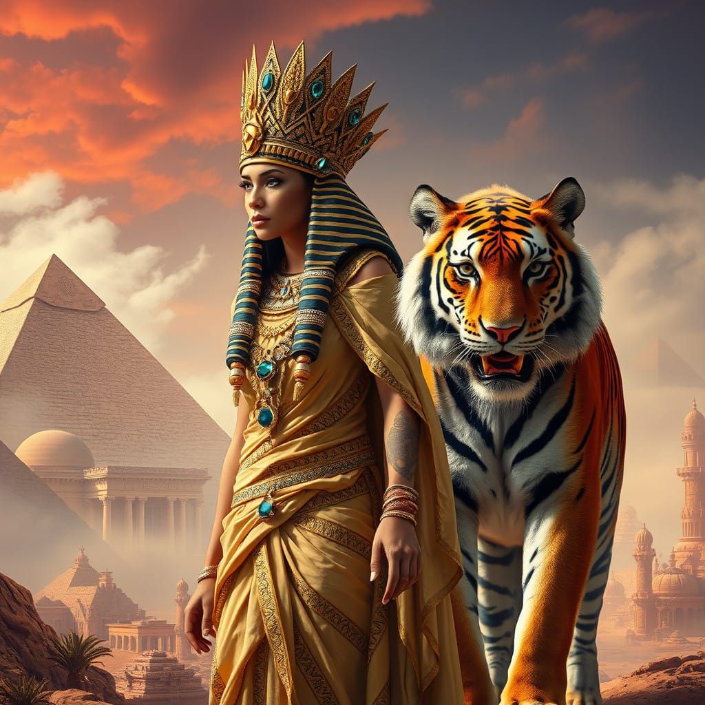 Egyptian Queen in Golden Headdress Strolls with Majestic Tig...