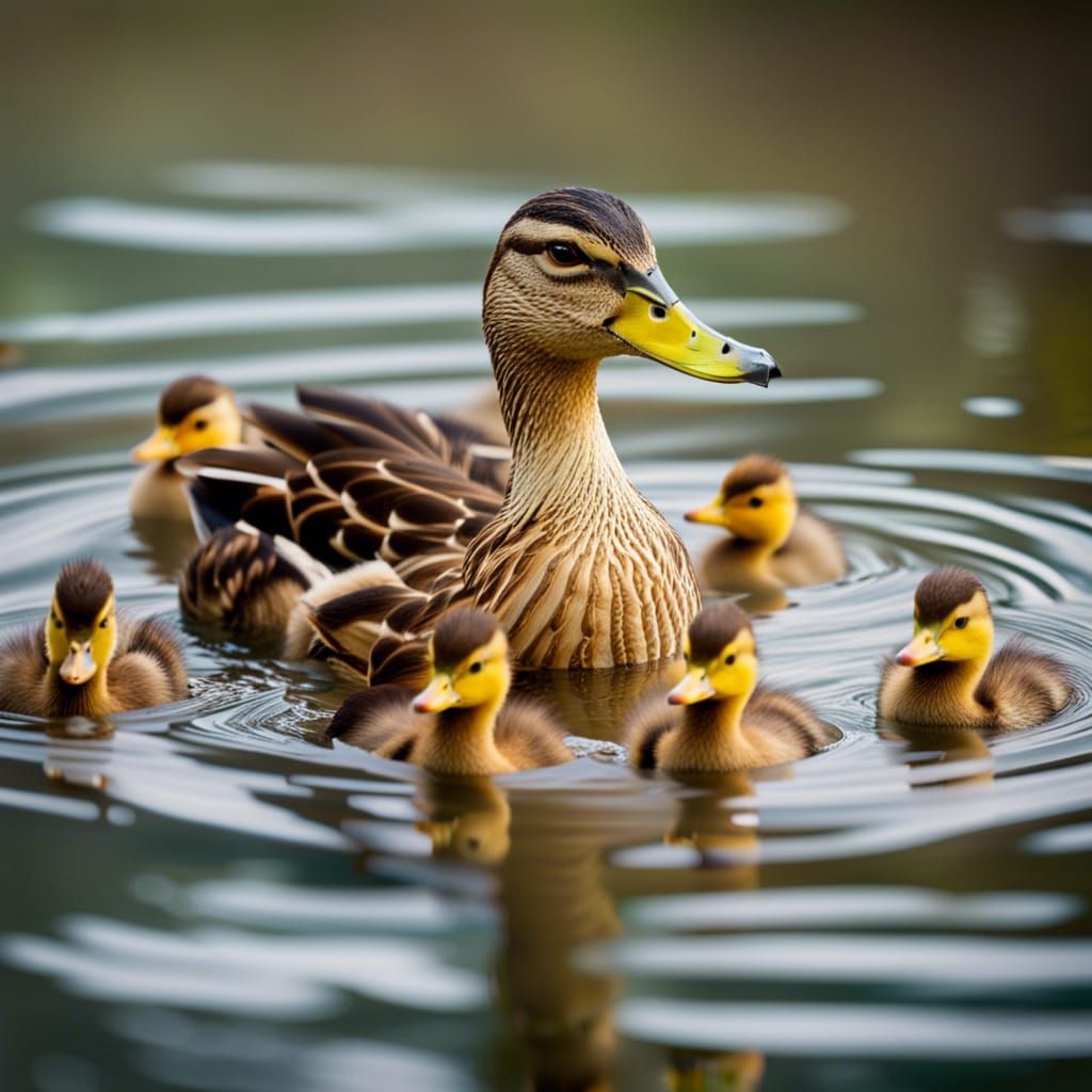 Mother Duck and Ducklings in Pond: Professional Photography