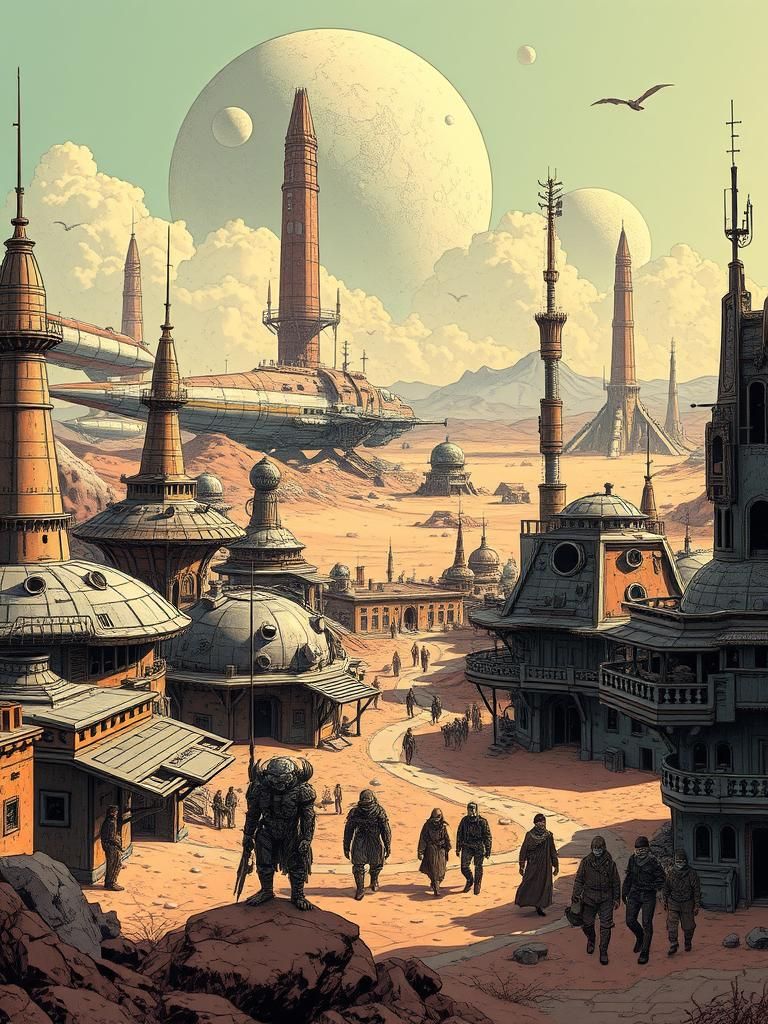 Extraterrestrial Spaceship Settlement in Comic Art Style