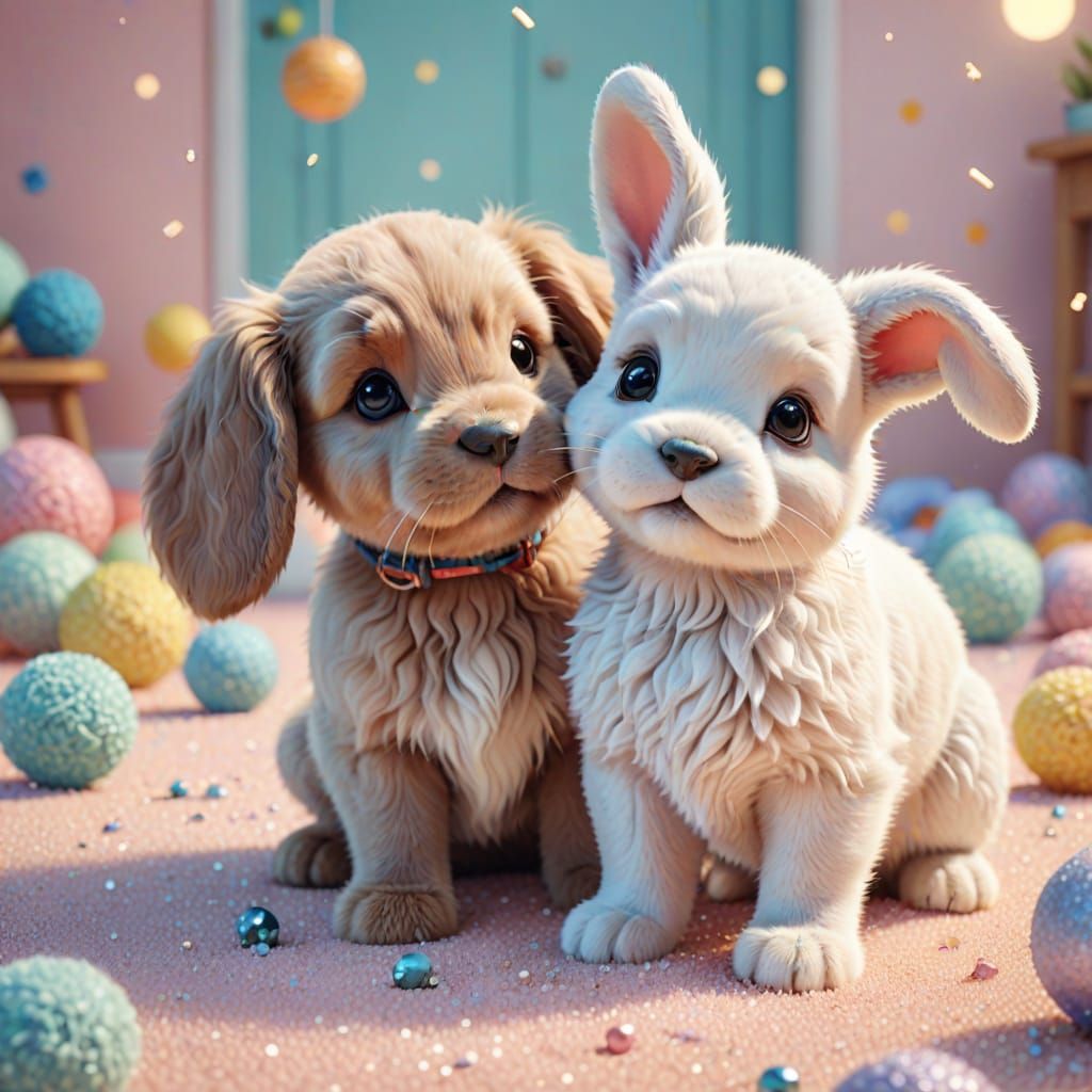 Playful Bunny and Dog in Whimsical Style