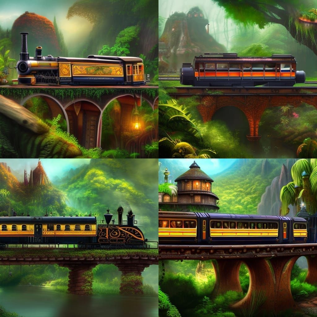 Steampunk Train in Lush Tropical Jungle
