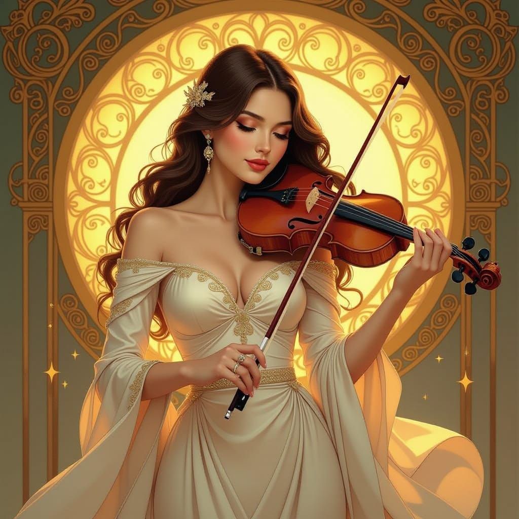 Elegant Woman with Violin in Art Nouveau Style