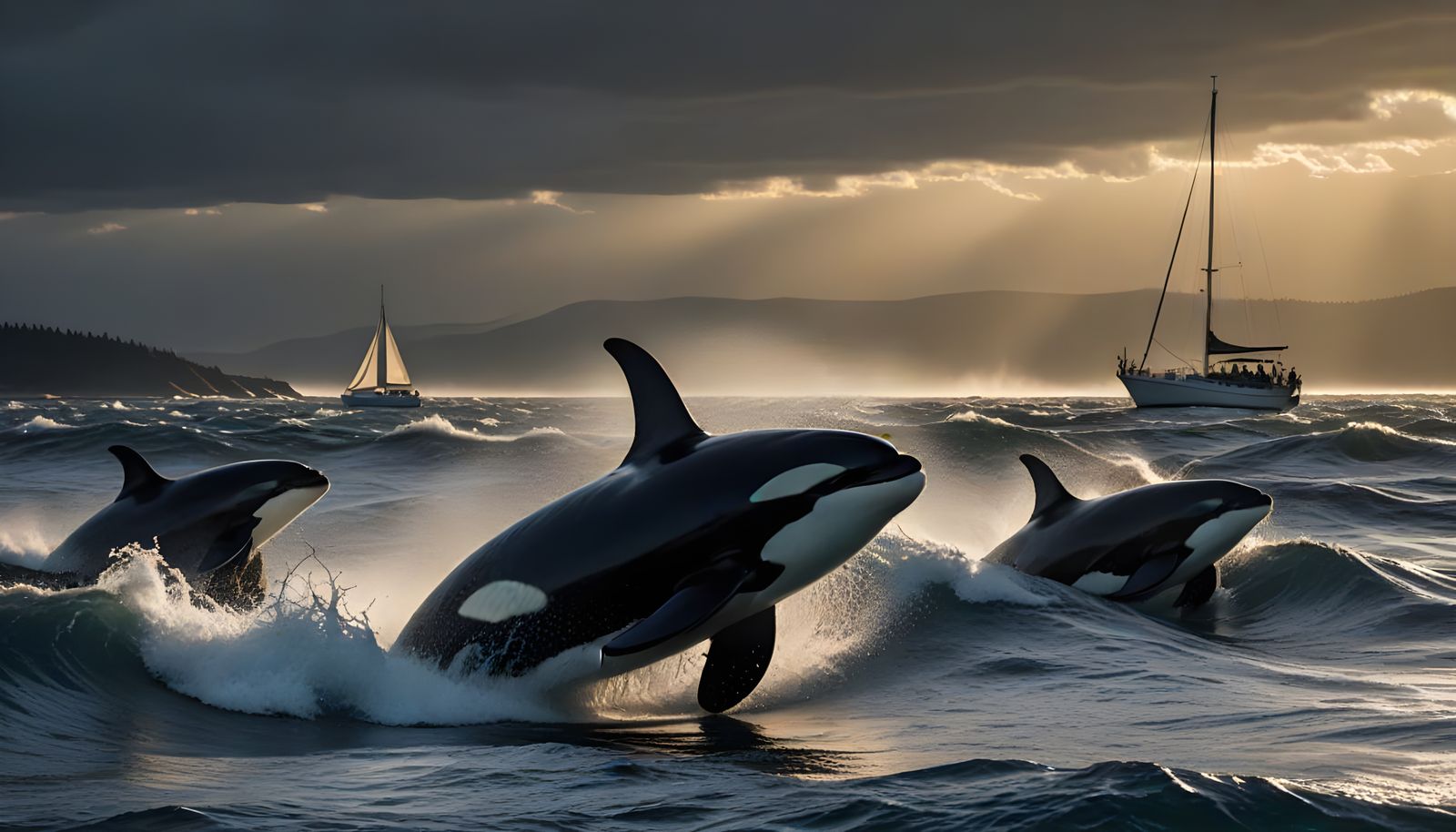 Mother and Baby Orca Leap Out of the Water in Photorealistic...
