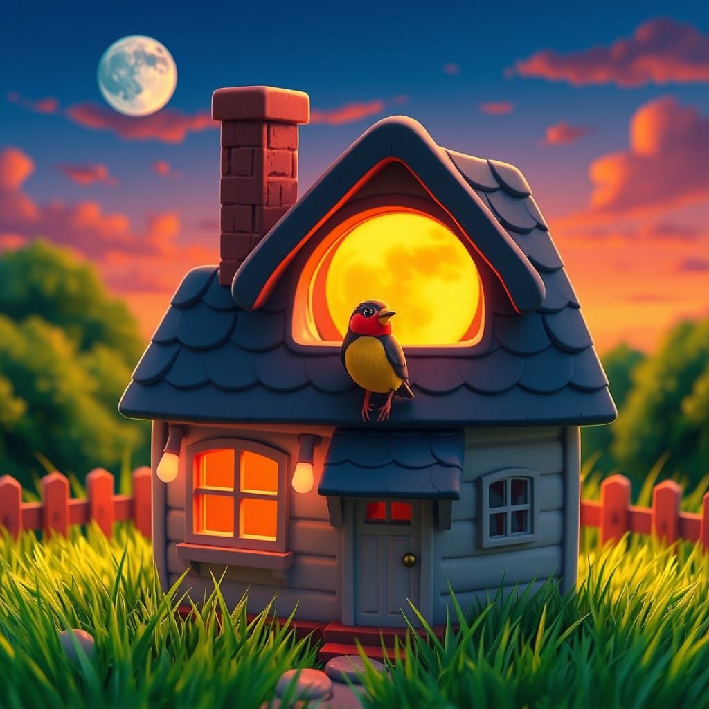 Whimsical Plasticine House with Cheerful Bullfinch