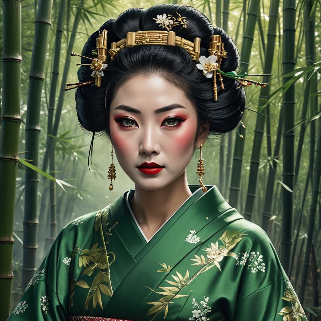 Elegant Geisha in Emerald Green Kimono