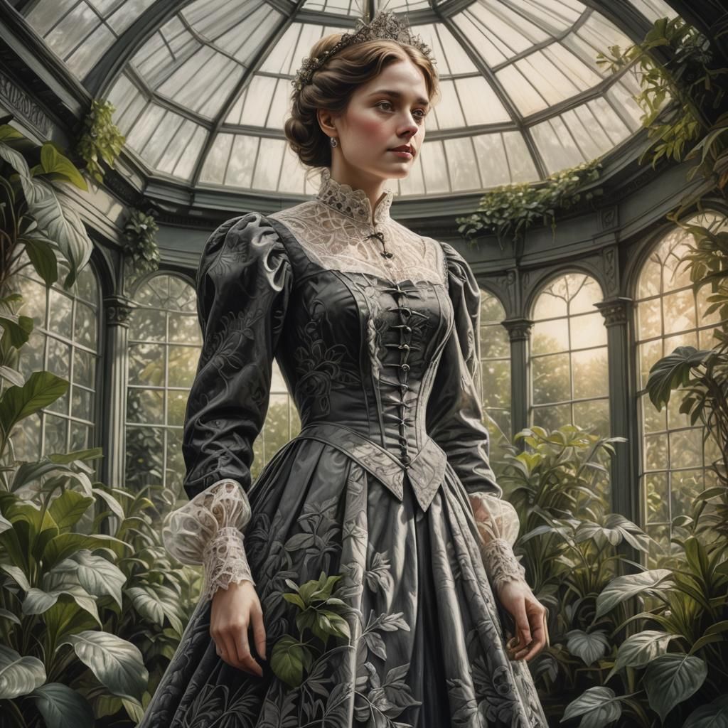 Victorian Lady in Conservatory: Hyperrealistic Charcoal Draw...