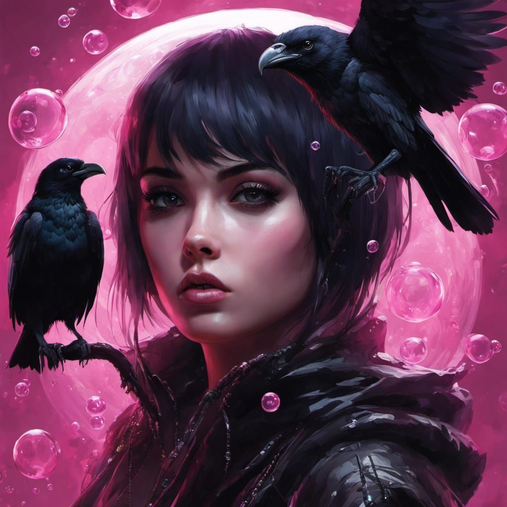 Emo Girl and Raven Surrounded by Bubbles