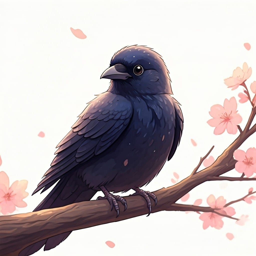 Whimsical Anime Crow in Watercolor Blooms