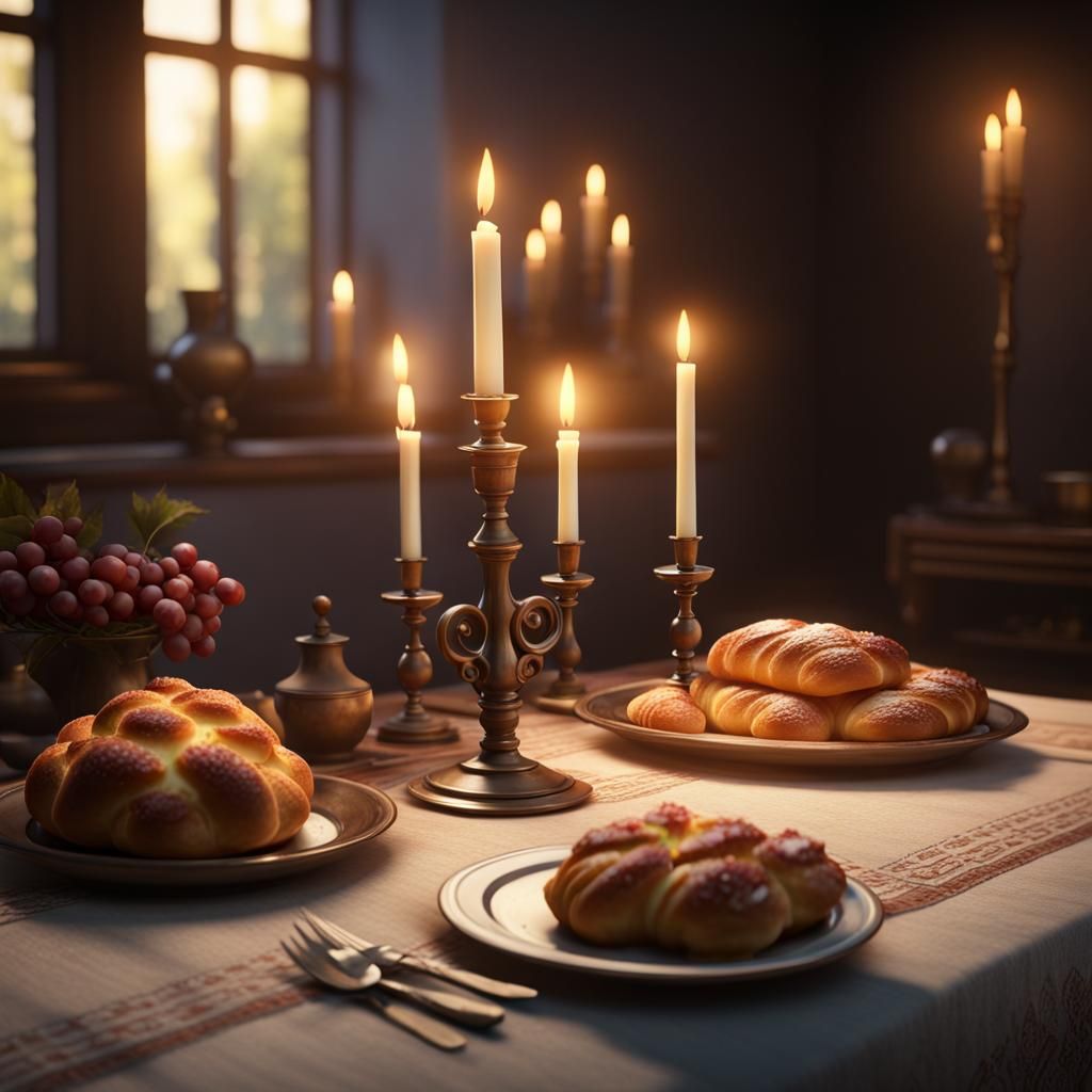 Shabbat Table in 3D Game Cinematic Style