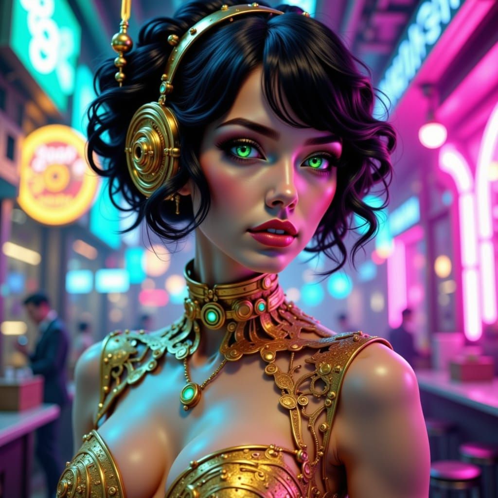 Cyberpunk Robot Woman in Gold Victorian Dress