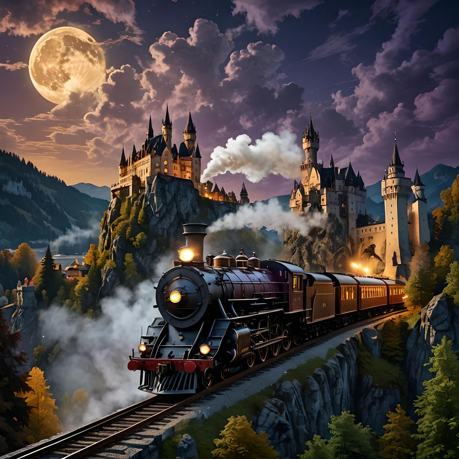 Steam Train Ascends over Neuschwanstein Castle