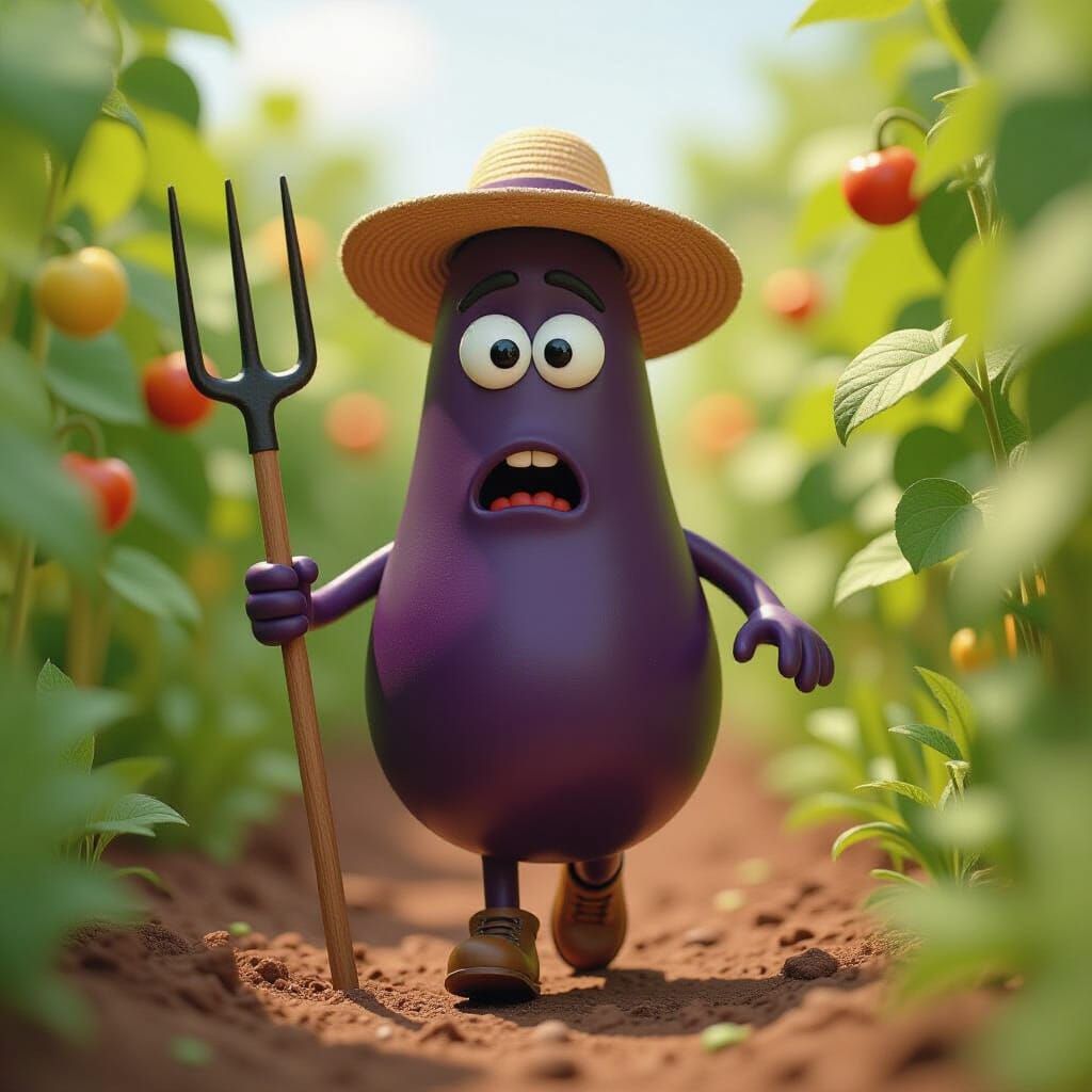 Claymation Eggplant Gardener Shocked in Garden