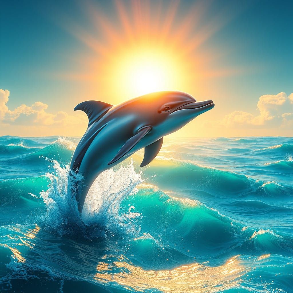 Majestic Dolphin Leaps Towards Blazing Sun in Vibrant Ocean