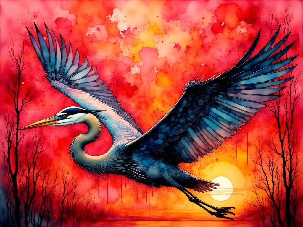 Expressive Great Blue Heron in Red Sunset, Abstract Oil Pain...