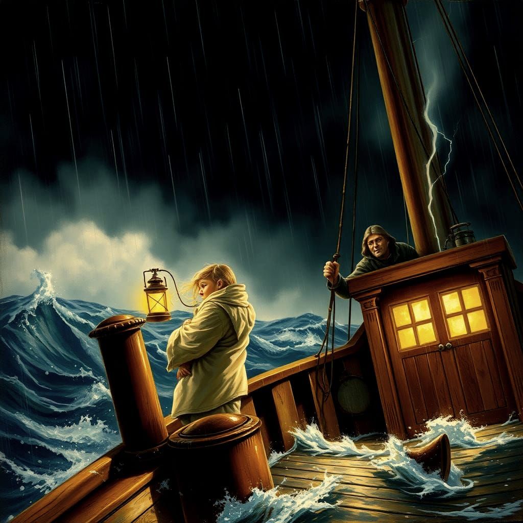 Stormy Ship: Girl's Dream in Oil Painting Style