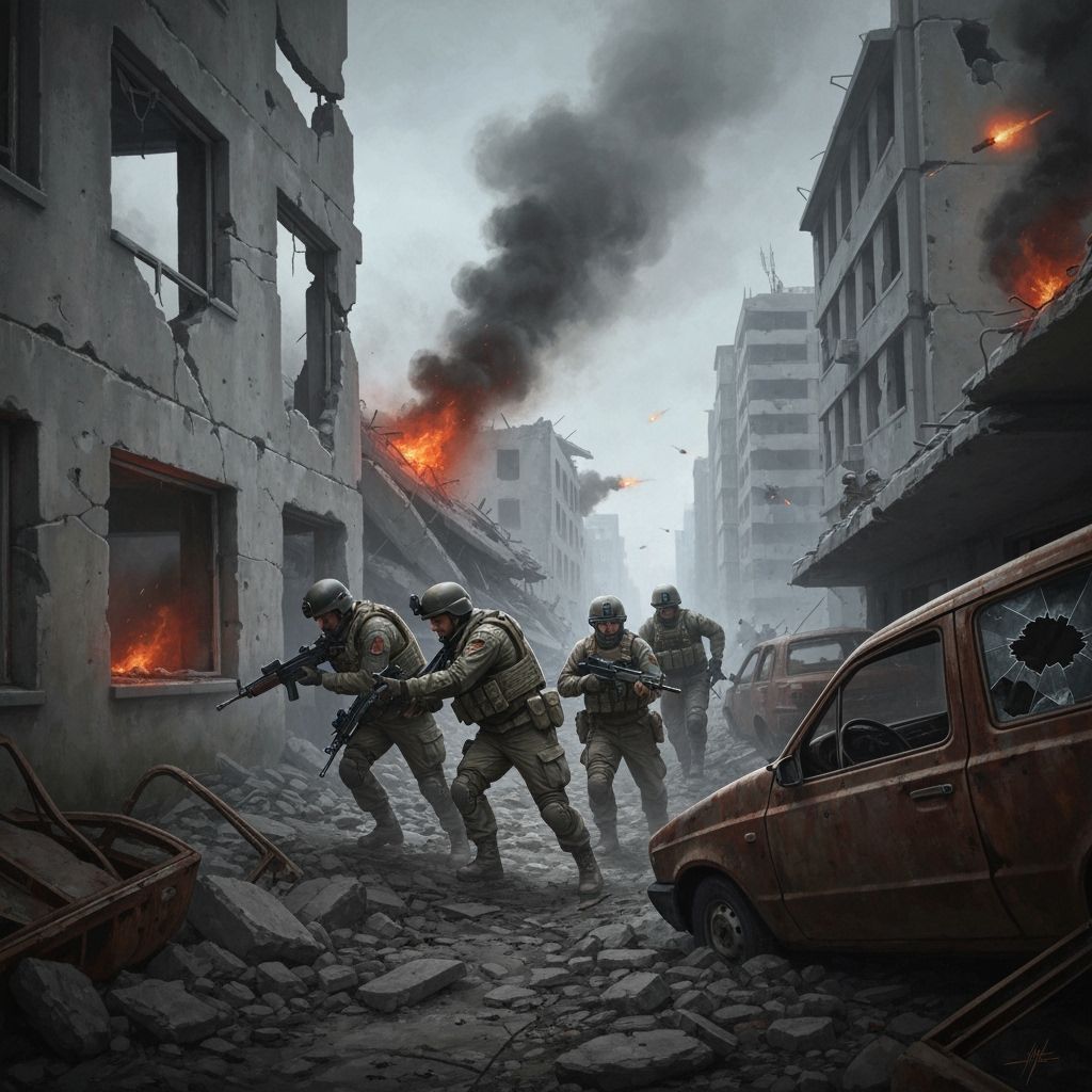 Infantry Advance Through Ruined City as Oil Painting