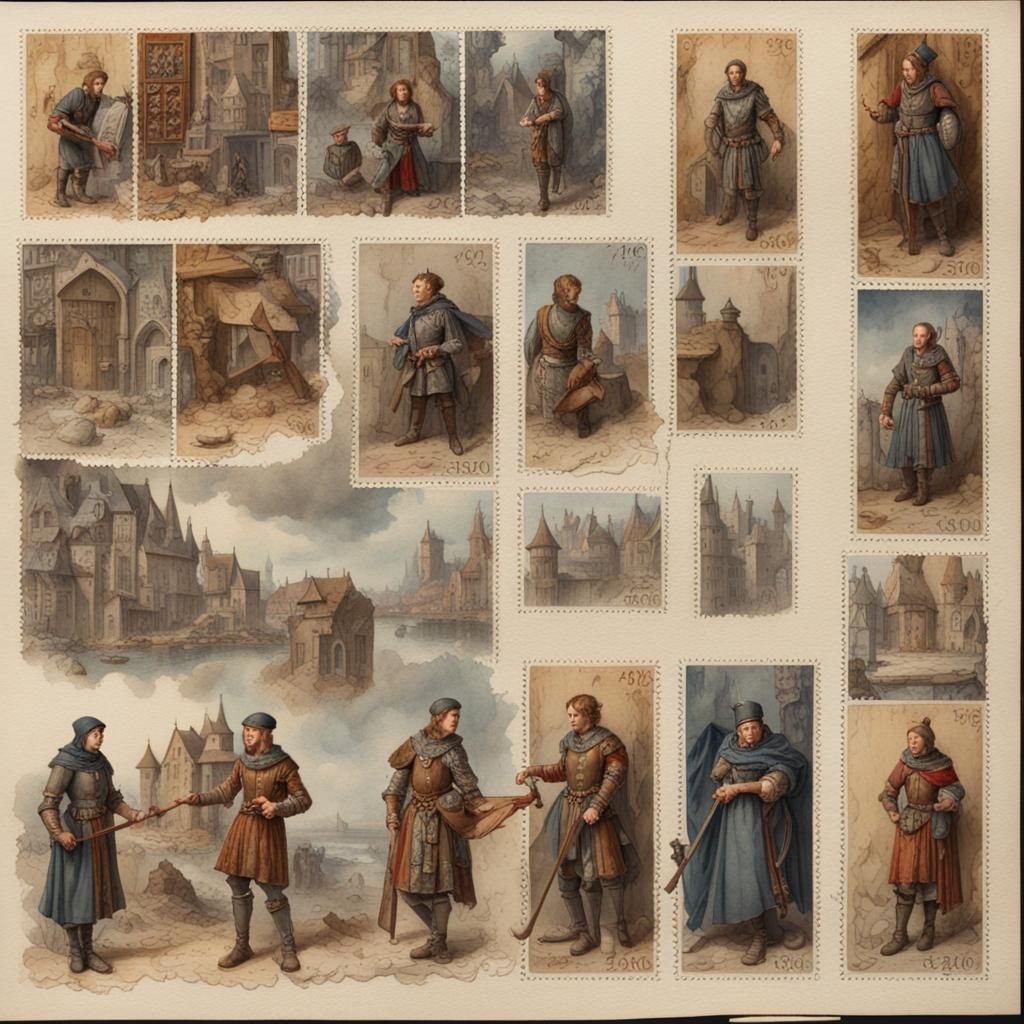 Medieval Character Stamps in Vintage Watercolor Style