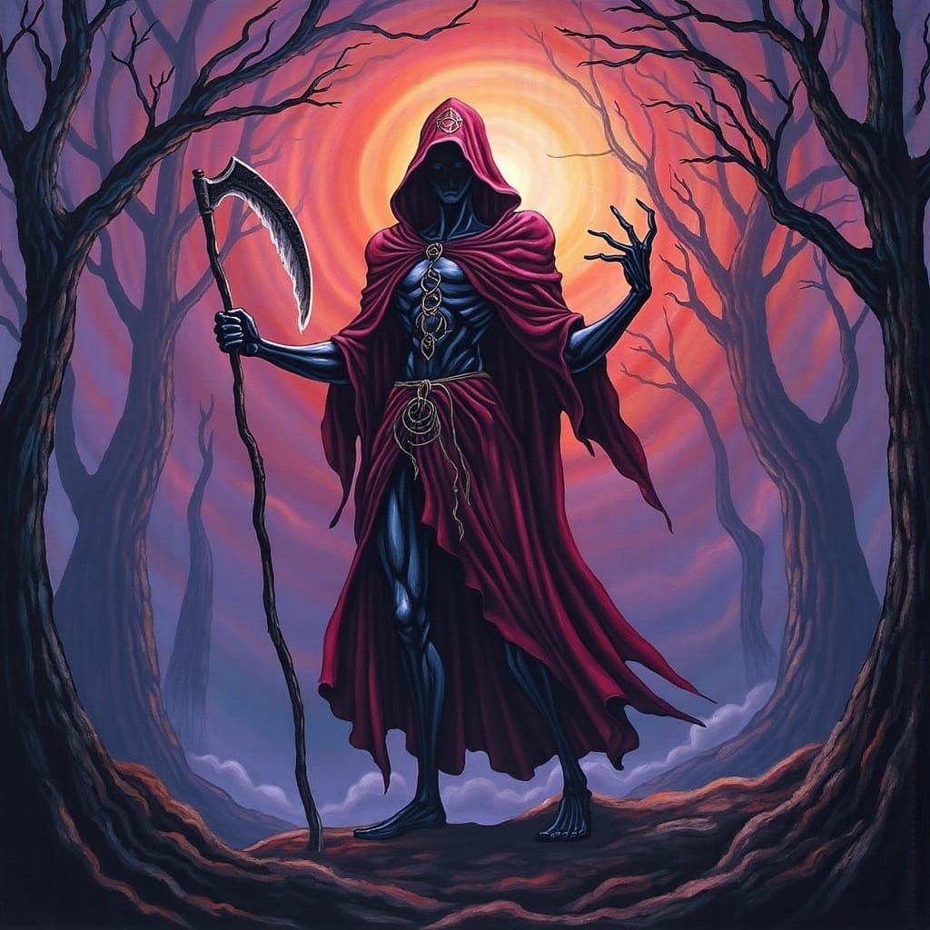Mystical Warrior with Ethereal Scythe in Surreal Landscape