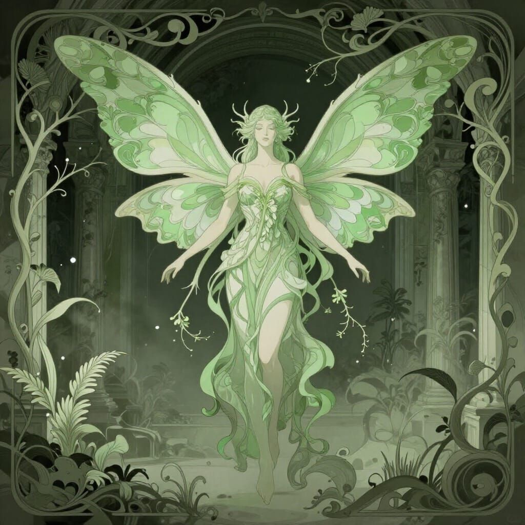 Banished Sylph in Art Nouveau Ruins with Botanical Wings