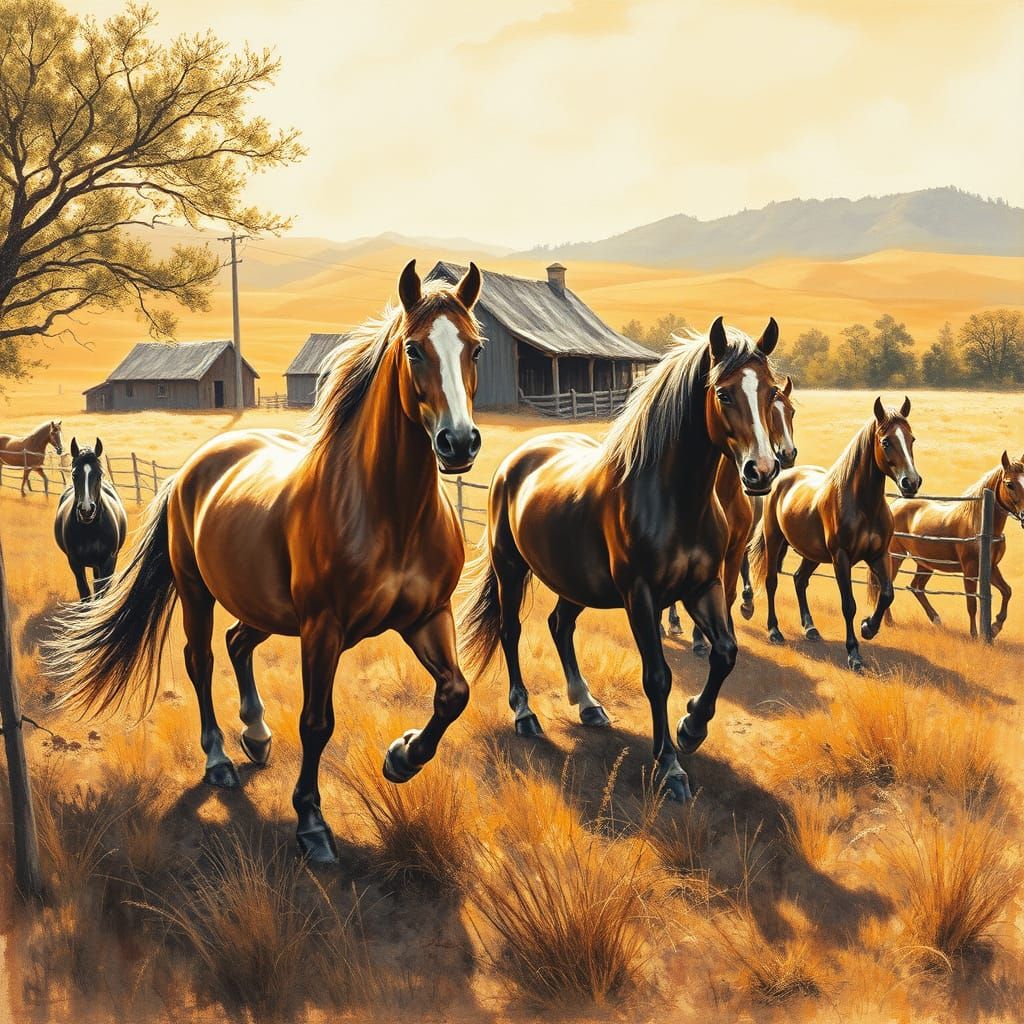 Vibrant Farm Scene in Charcoal Drawing