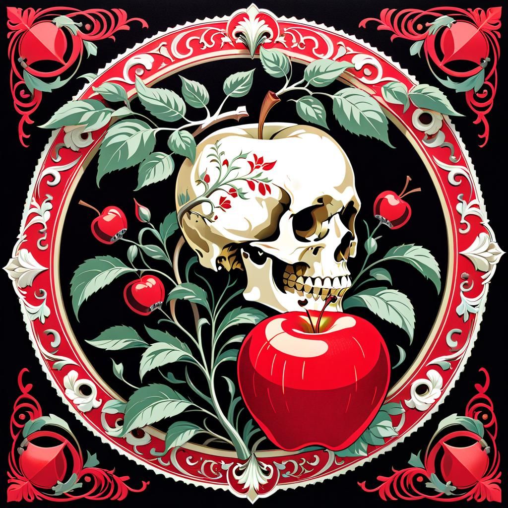 Minimalist Vector Art: Red Apple with Skull Motif