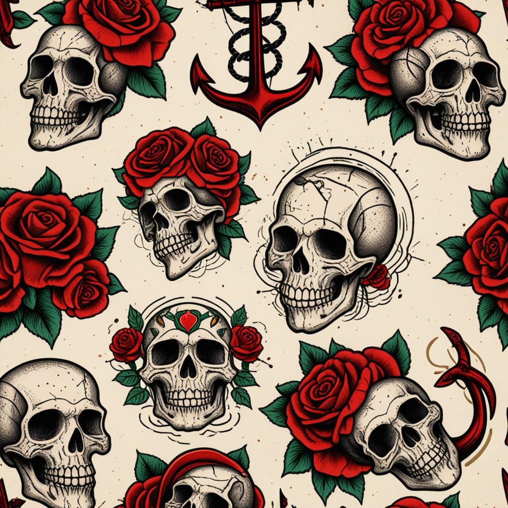 Sailor Jerry Style Tattoo Flash Designs on Paper