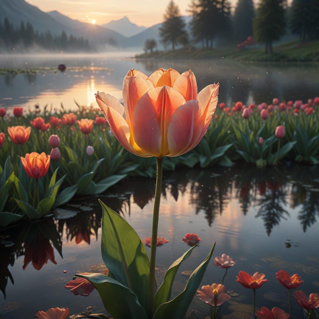 Serene Dawn Landscape with Tulip in Soft Golden Hour Light