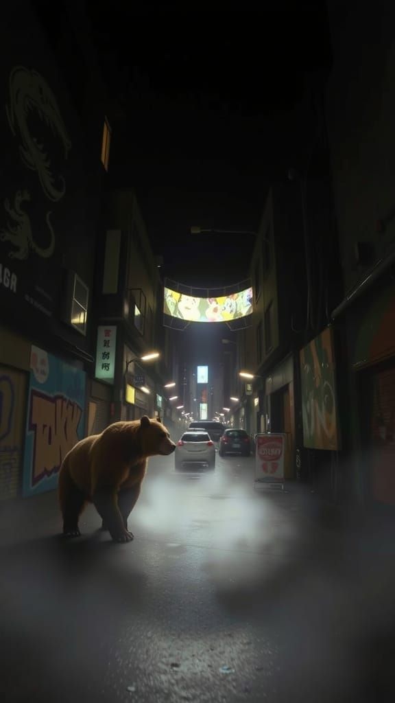 Grizzly Bear in Neon Tokyo Alleyway