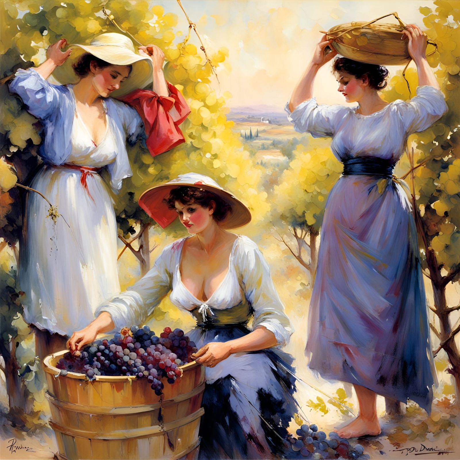 Women harvesting grapes for winemaking in France, art reference pino daeni