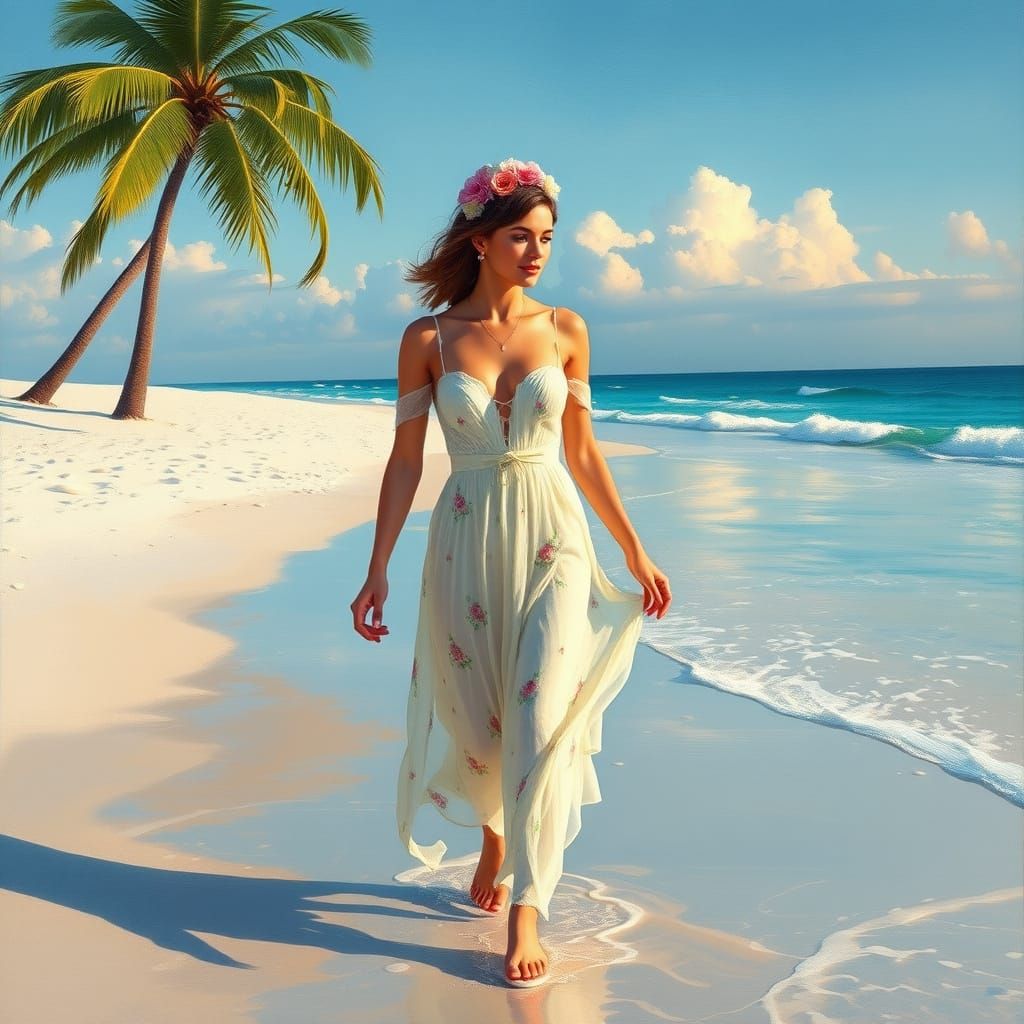 Impressionistic Woman on Sunny Beach at Sunset