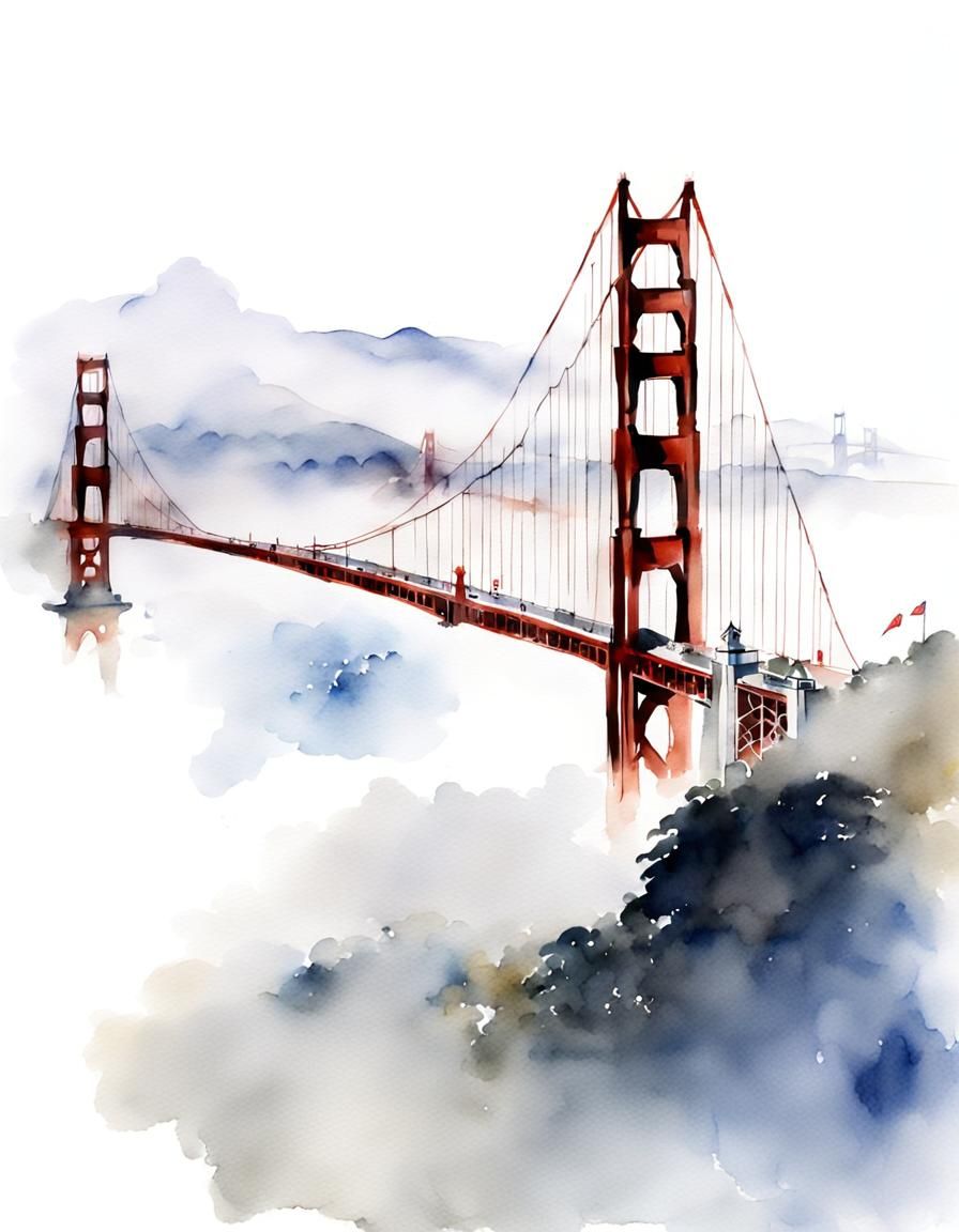 Golden Gate Bridge in Fog, Chinese Watercolor