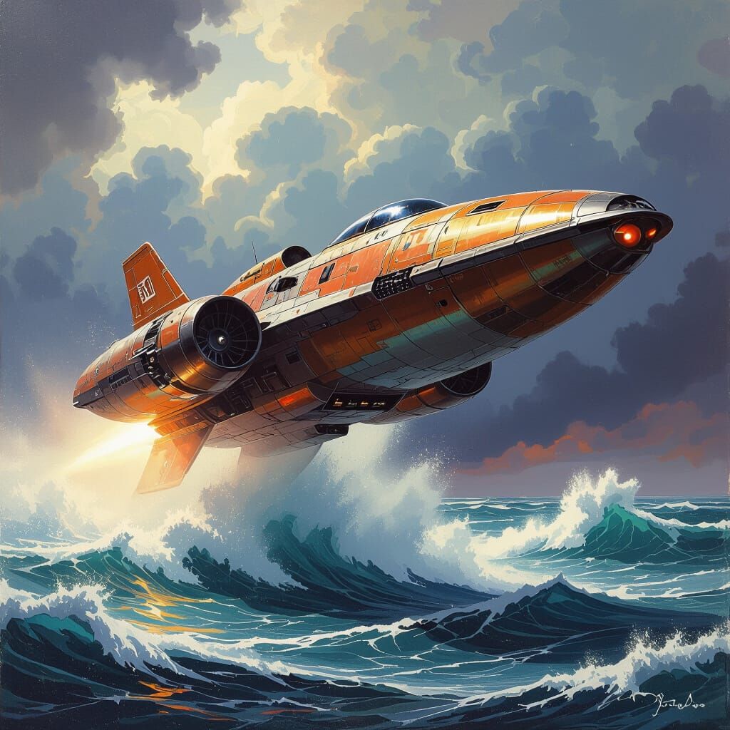 Retro Spaceship Emerges from Stormy Seas
