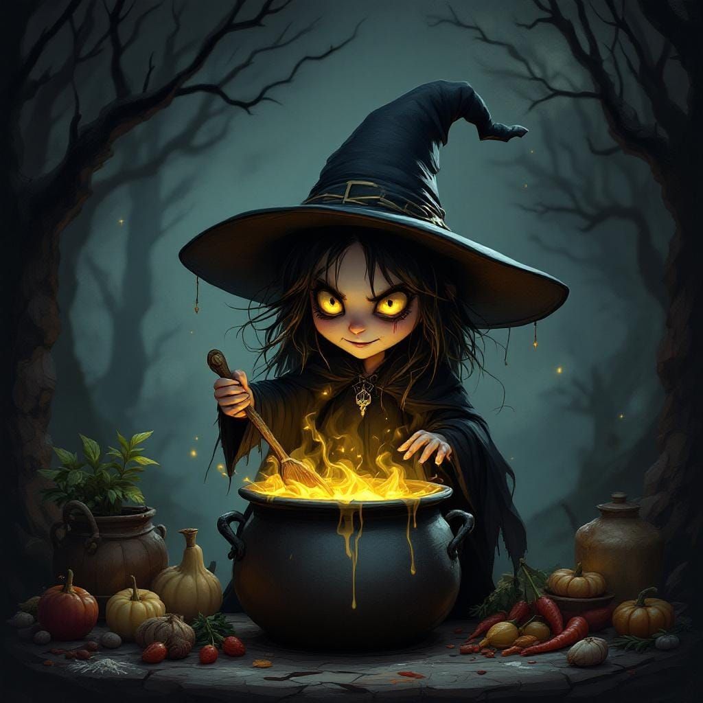 Cartoon Witch Brewing Potion with Intricate Details