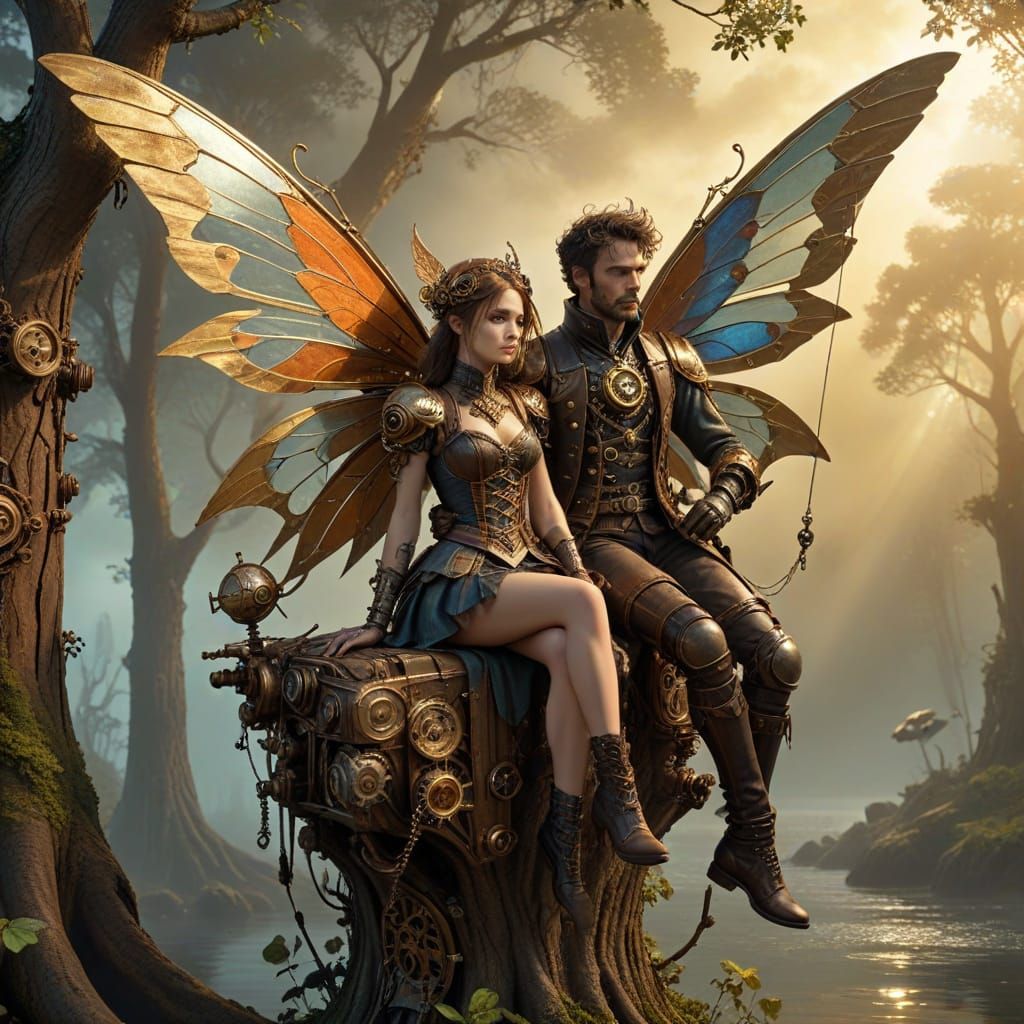 Steampunk Fairy and Boy with Kite in Fantasy Art