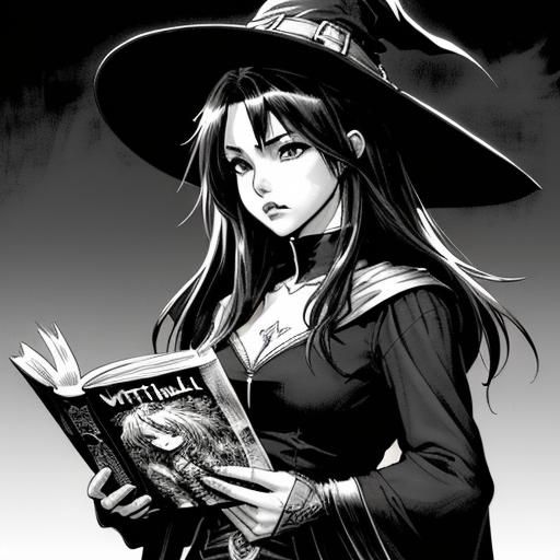 Cute Witch Reading Comic: Ink Line Art