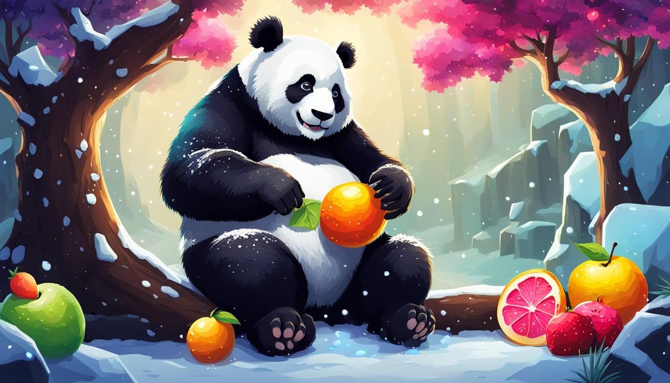 Cute Panda with Fruit Near Ice Castle